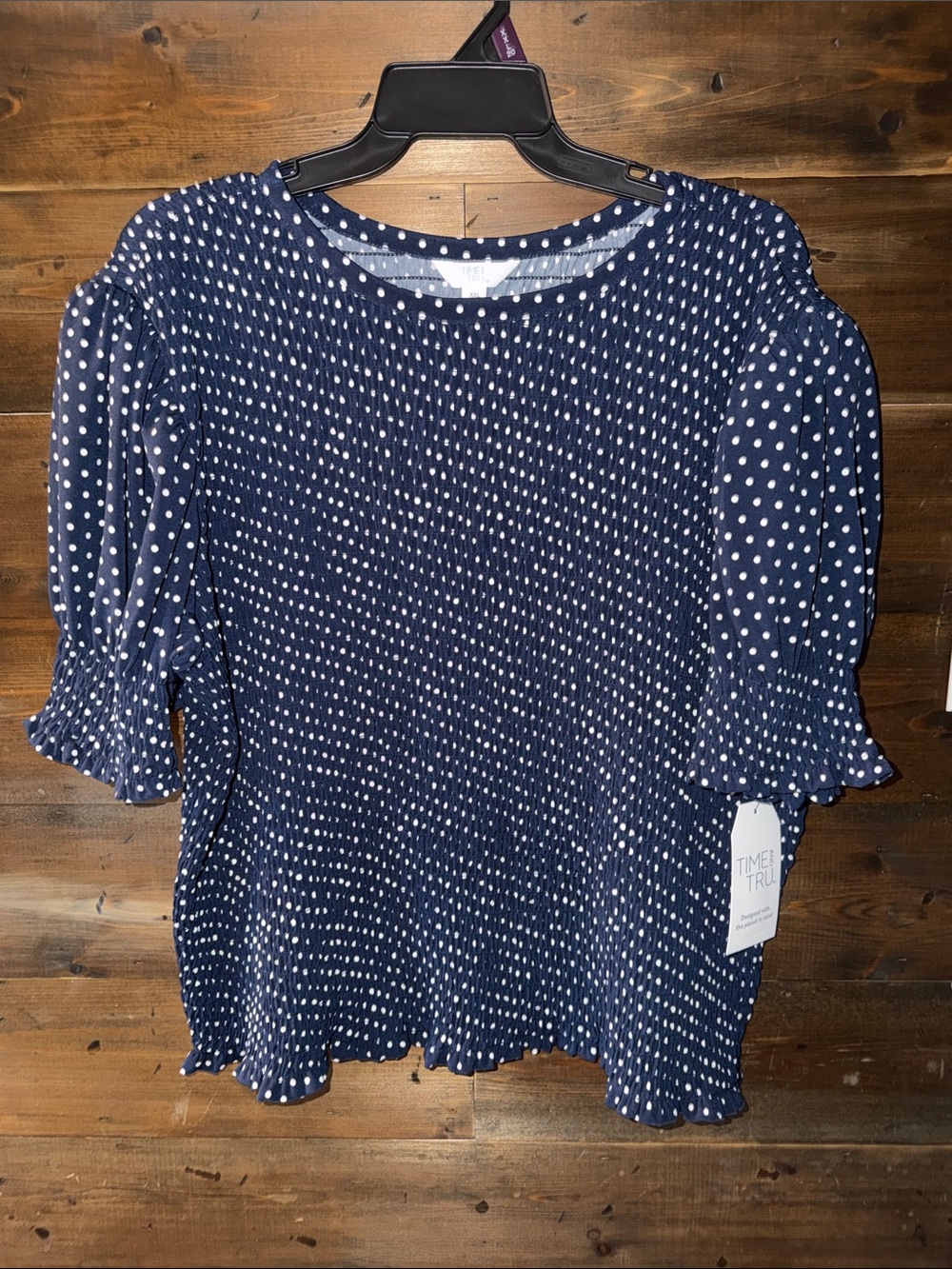 Time and Tru Navy and White Polka Dot Puff Sleeve Top